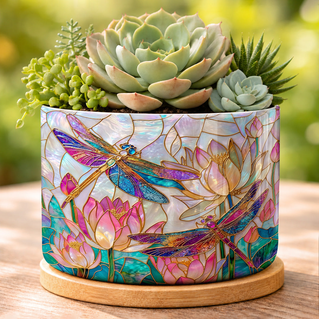 Dragonfly Ceramic Plant Pot with Bamboo Tray Over The Lotus