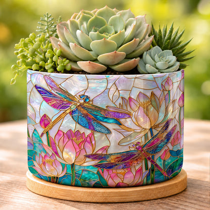 Dragonfly Ceramic Plant Pot with Bamboo Tray Over The Lotus