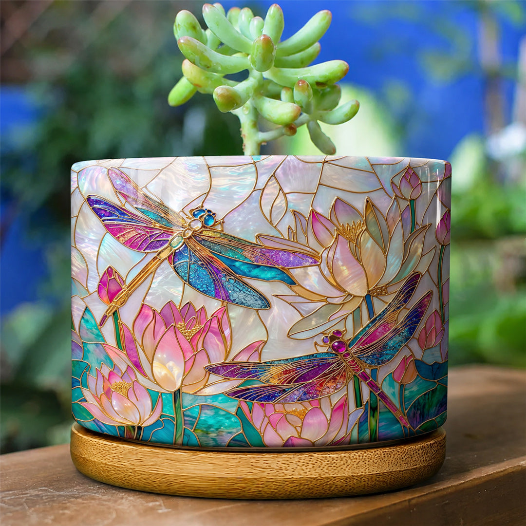 Dragonfly Ceramic Plant Pot with Bamboo Tray Over The Lotus