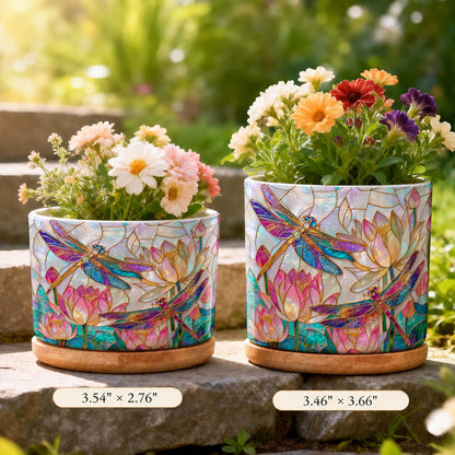 Dragonfly Ceramic Plant Pot with Bamboo Tray Over The Lotus