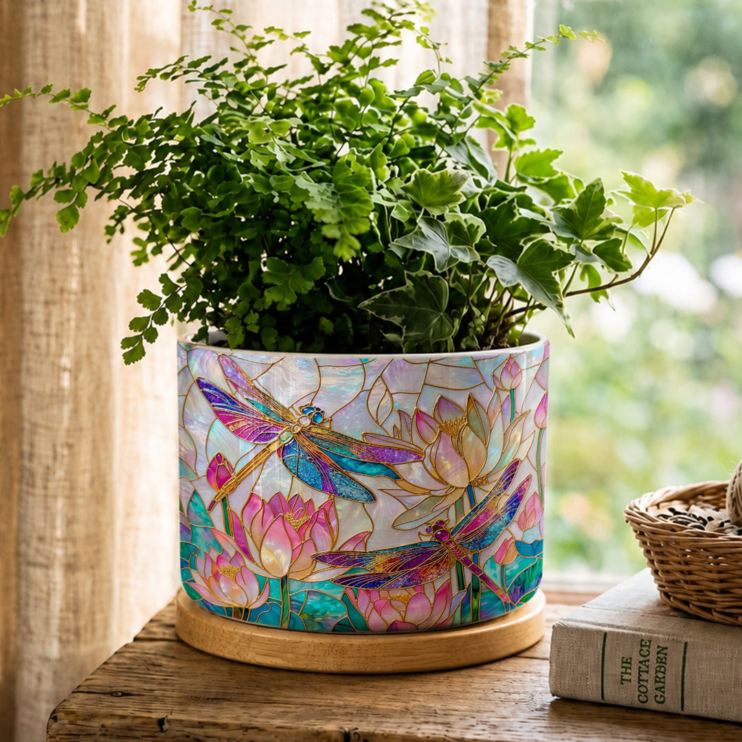 Dragonfly Ceramic Plant Pot with Bamboo Tray Over The Lotus