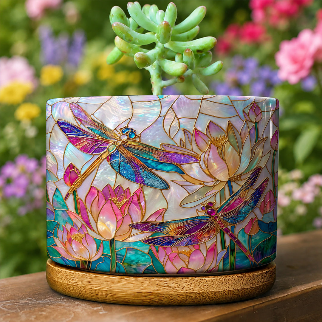 Dragonfly Ceramic Plant Pot with Bamboo Tray Over The Lotus