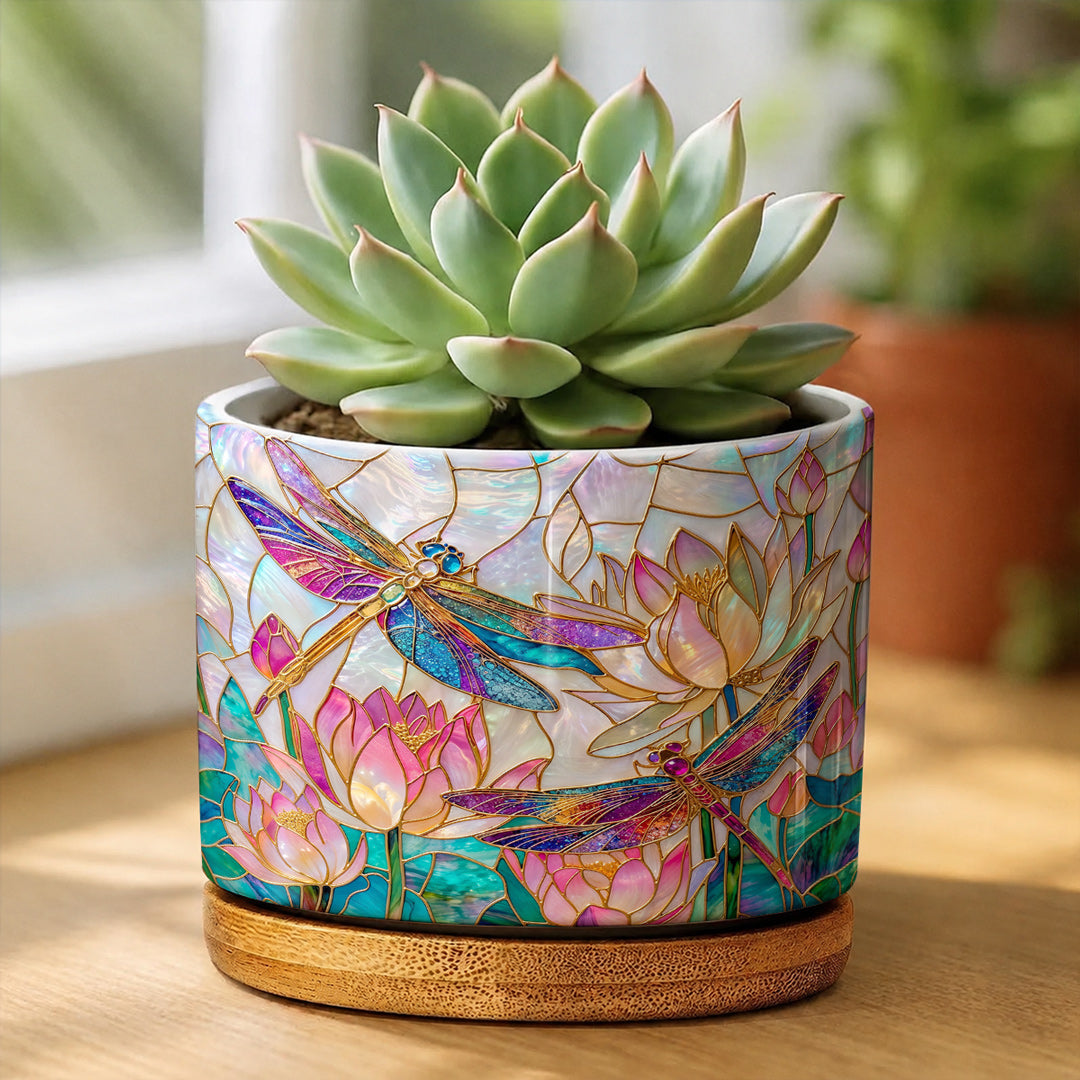 Dragonfly Ceramic Plant Pot with Bamboo Tray Over The Lotus