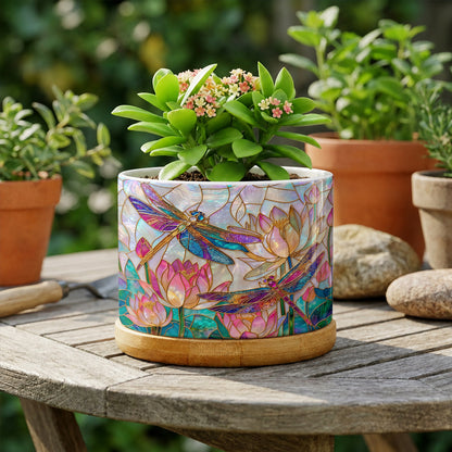 Dragonfly Ceramic Plant Pot with Bamboo Tray Over The Lotus