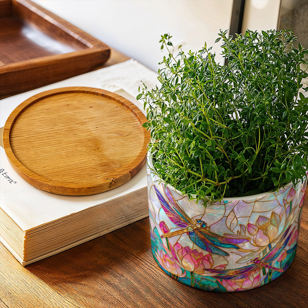 Dragonfly Ceramic Plant Pot with Bamboo Tray Over The Lotus