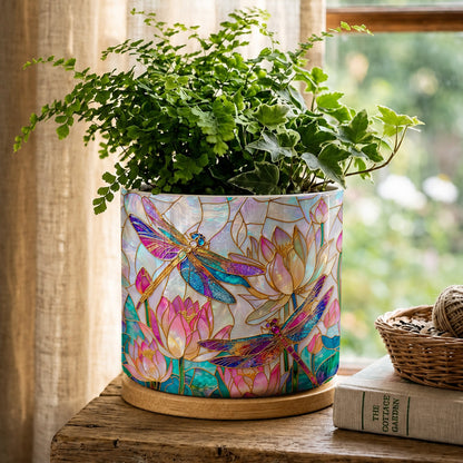 Dragonfly Ceramic Plant Pot with Bamboo Tray Over The Lotus