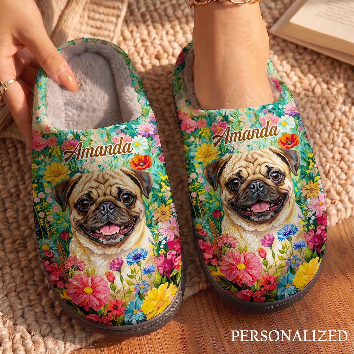 Personalized Colorful Pug Fleece Lined Slippers