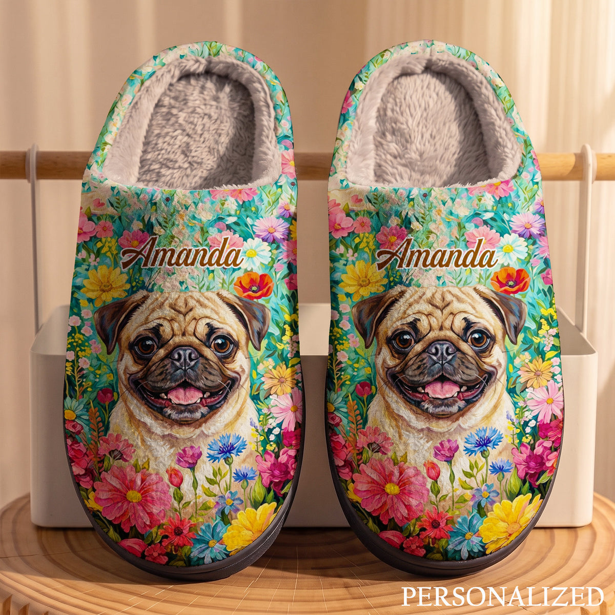 Personalized Colorful Pug Fleece Lined Slippers