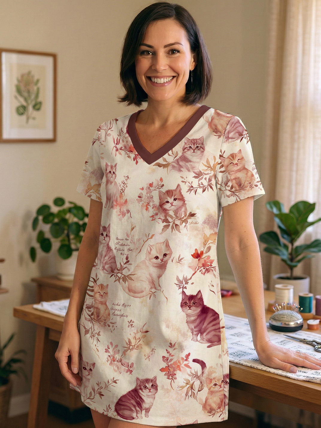 Cat Lover V-neck Nightshirt Petals And Whiskers