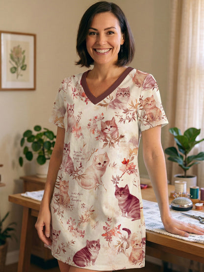 Cat Lover V-neck Nightshirt Petals And Whiskers