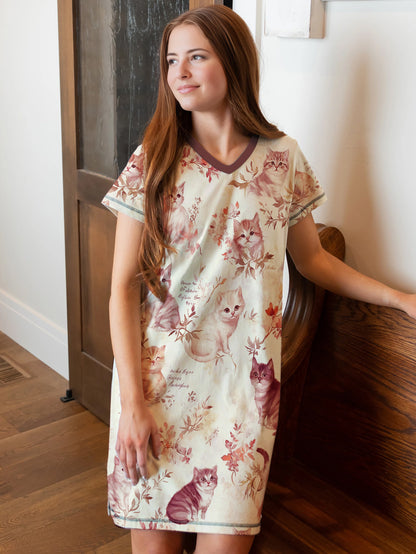 Cat Lover V-neck Nightshirt Petals And Whiskers