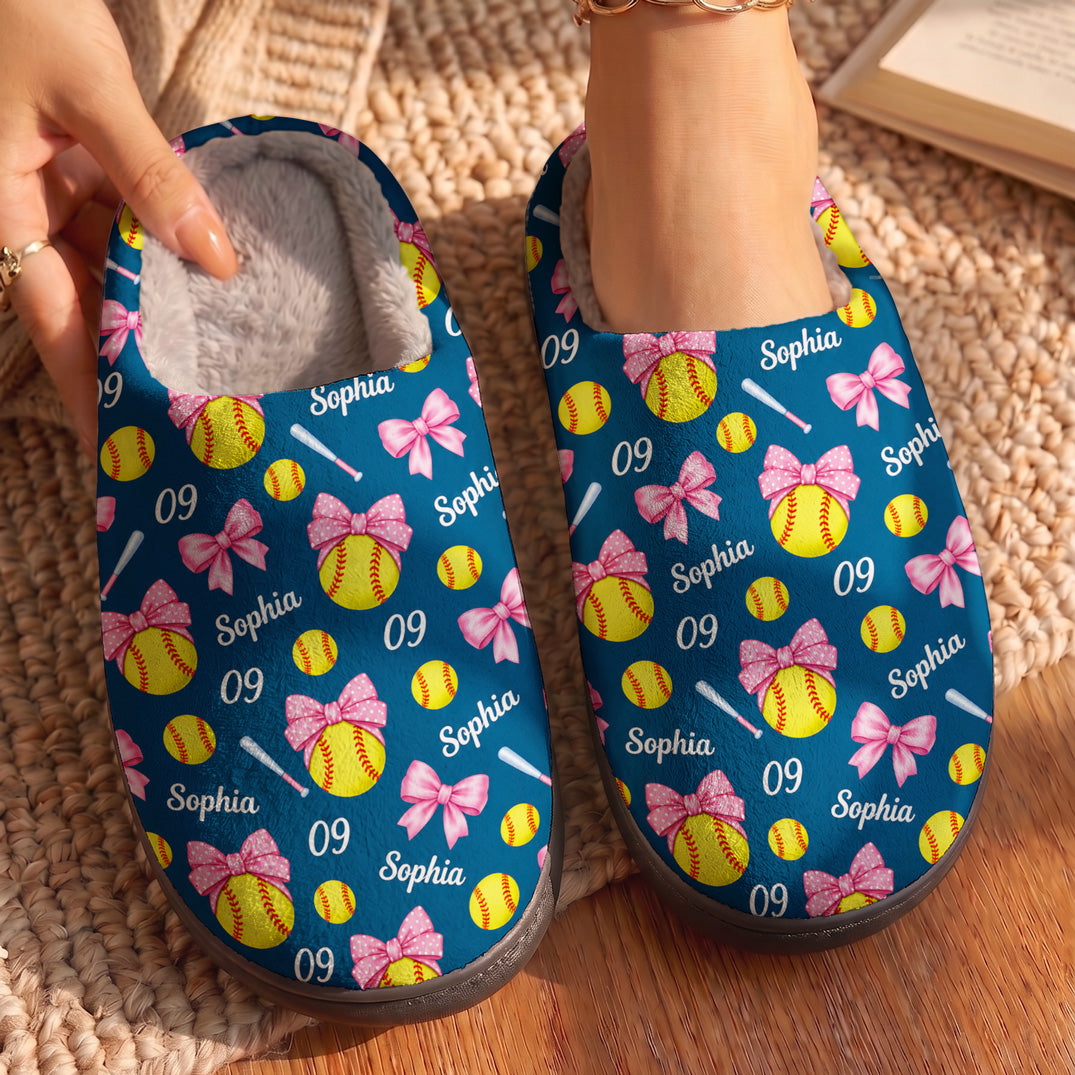 Softball Fleece Lined Slippers Personalized Pink Bow Softball Player