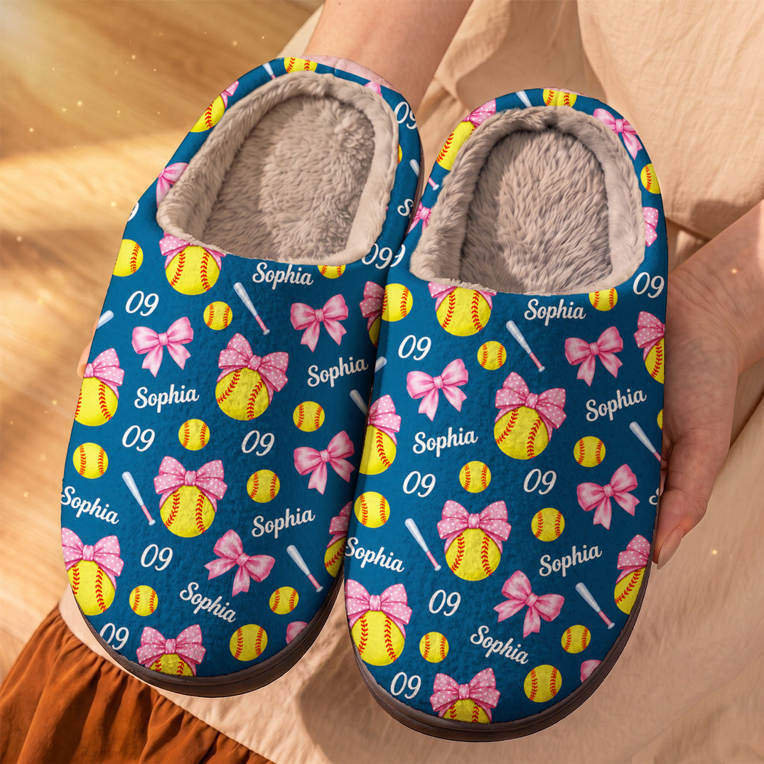 Softball Fleece Lined Slippers Personalized Pink Bow Softball Player