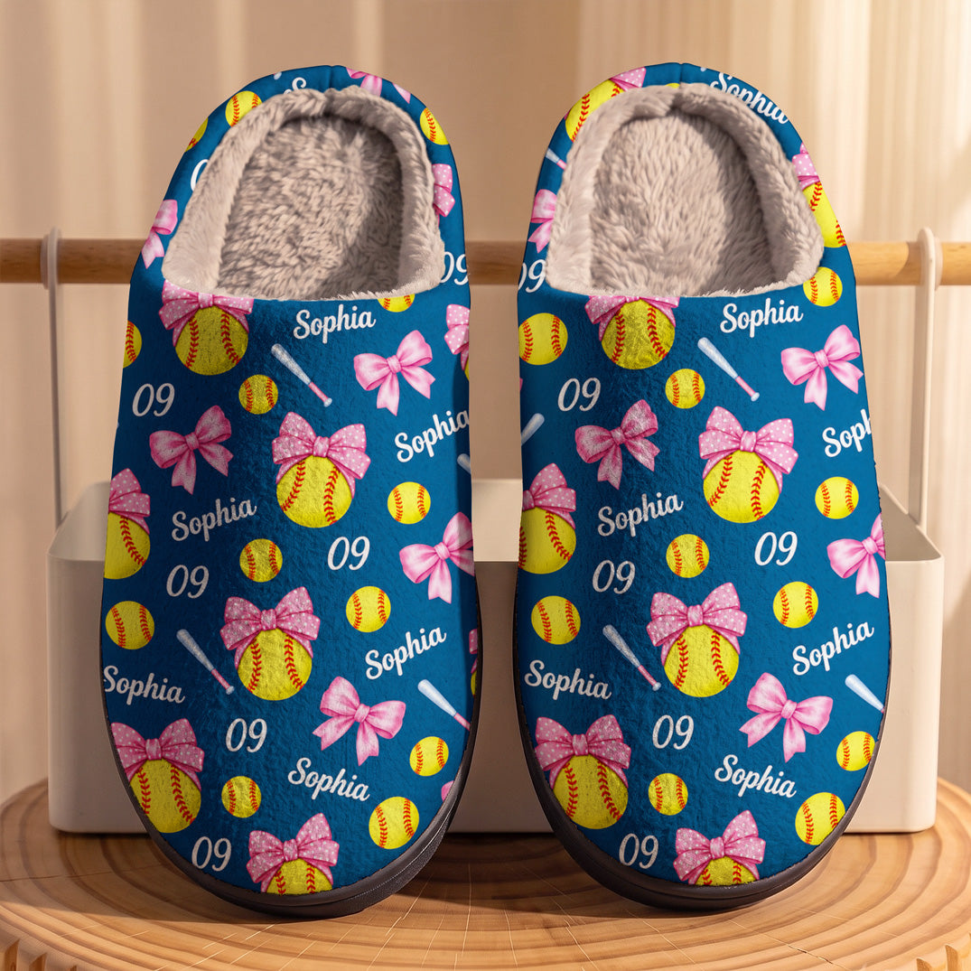 Softball Fleece Lined Slippers Personalized Pink Bow Softball Player