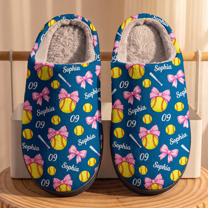 Softball Fleece Lined Slippers Personalized Pink Bow Softball Player
