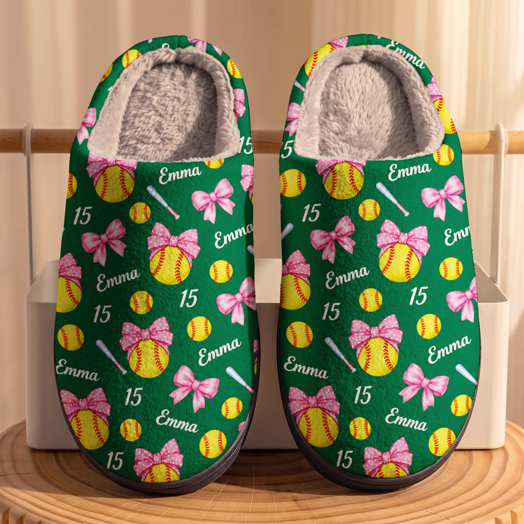 Softball Fleece Lined Slippers Personalized Pink Bow Softball Player