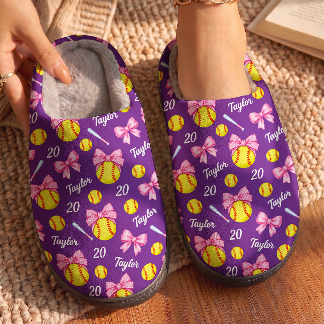 Softball Fleece Lined Slippers Personalized Pink Bow Softball Player