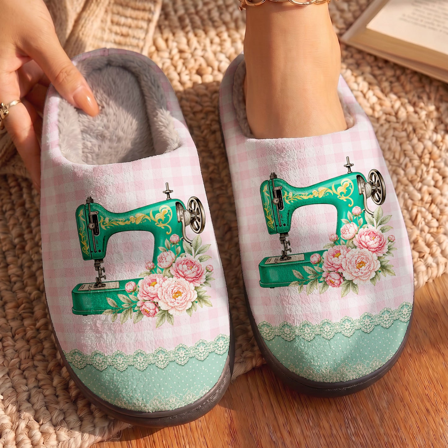 Sewing Lover PB Fleece Lined Slippers Pink Floral Sewing