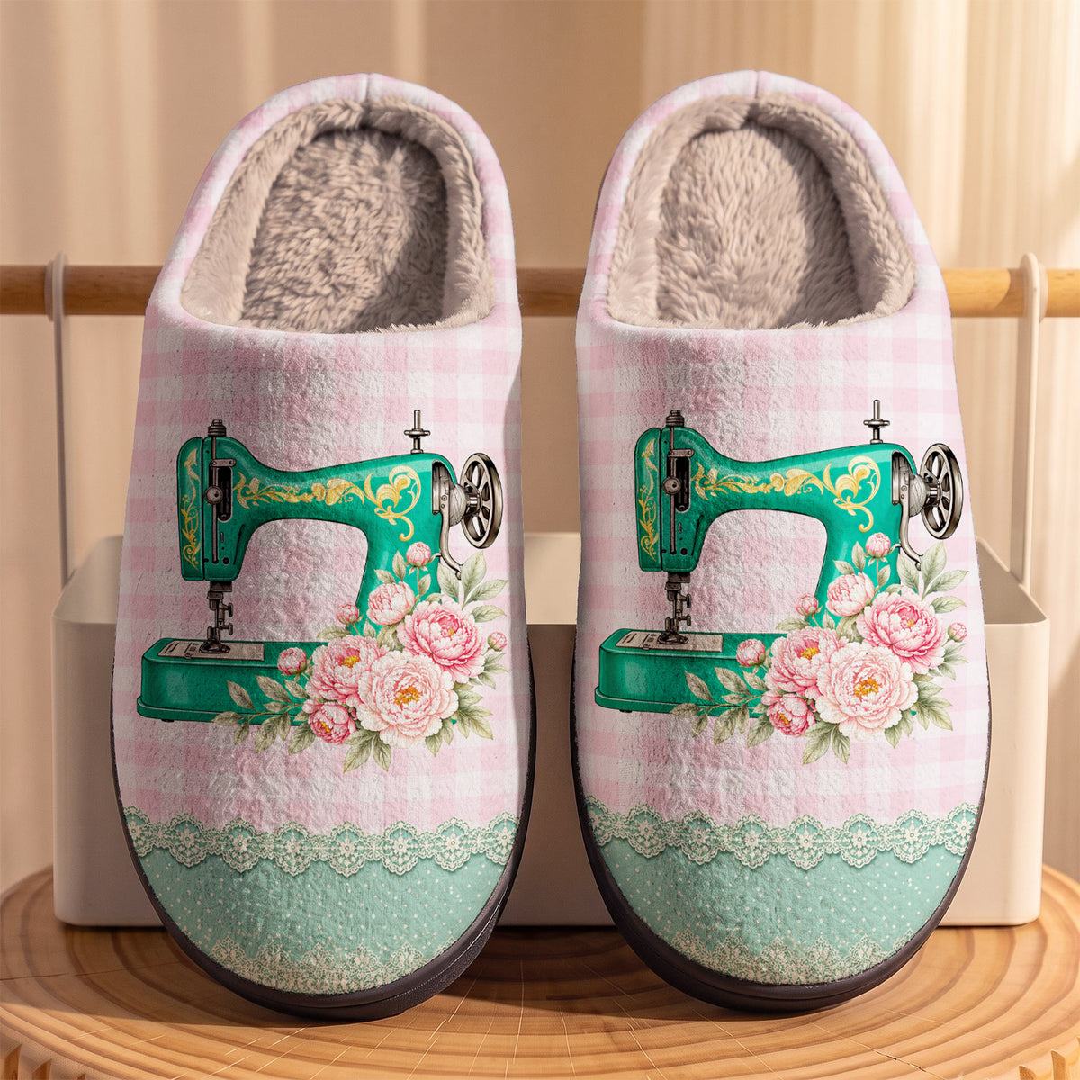 Sewing Lover PB Fleece Lined Slippers Pink Floral Sewing