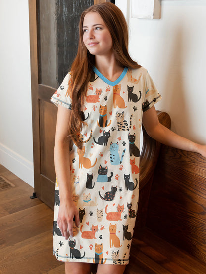 Cat Lover V-neck Nightshirt Playful Paws