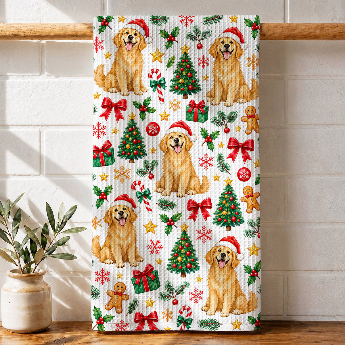 Dog Lover Kitchen Towel Playful Christmas Golden Retriever
