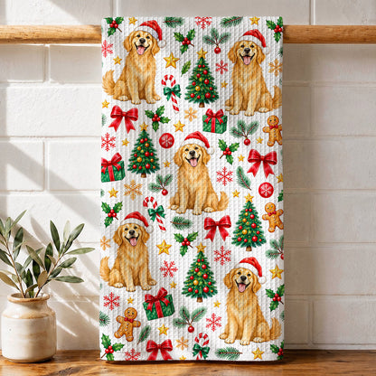 Dog Lover Kitchen Towel Playful Christmas Golden Retriever
