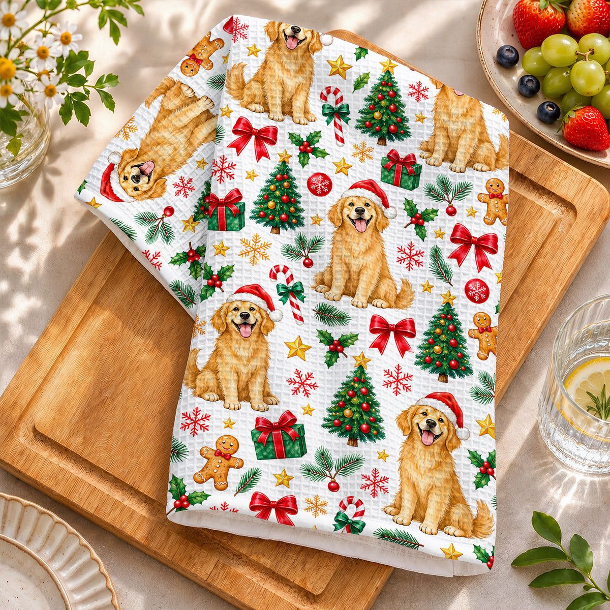 Dog Lover Kitchen Towel Playful Christmas Golden Retriever