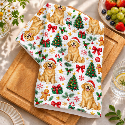 Dog Lover Kitchen Towel Playful Christmas Golden Retriever