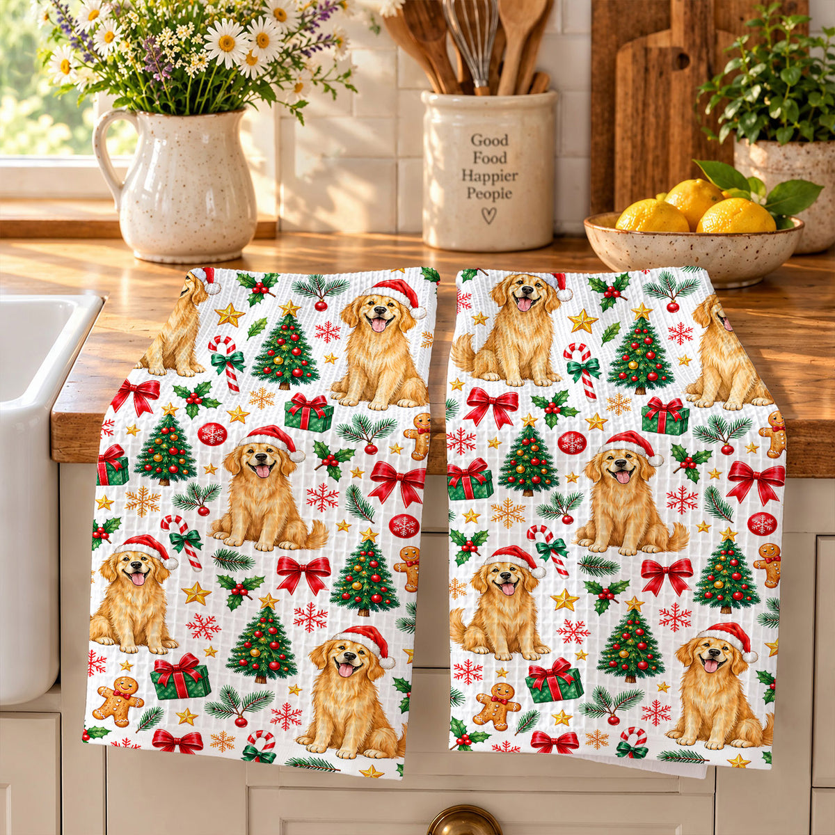 Dog Lover Kitchen Towel Playful Christmas Golden Retriever