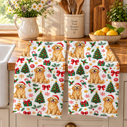 Dog Lover Kitchen Towel Playful Christmas Golden Retriever
