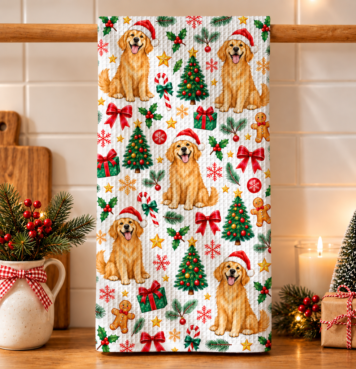 Dog Lover Kitchen Towel Playful Christmas Golden Retriever
