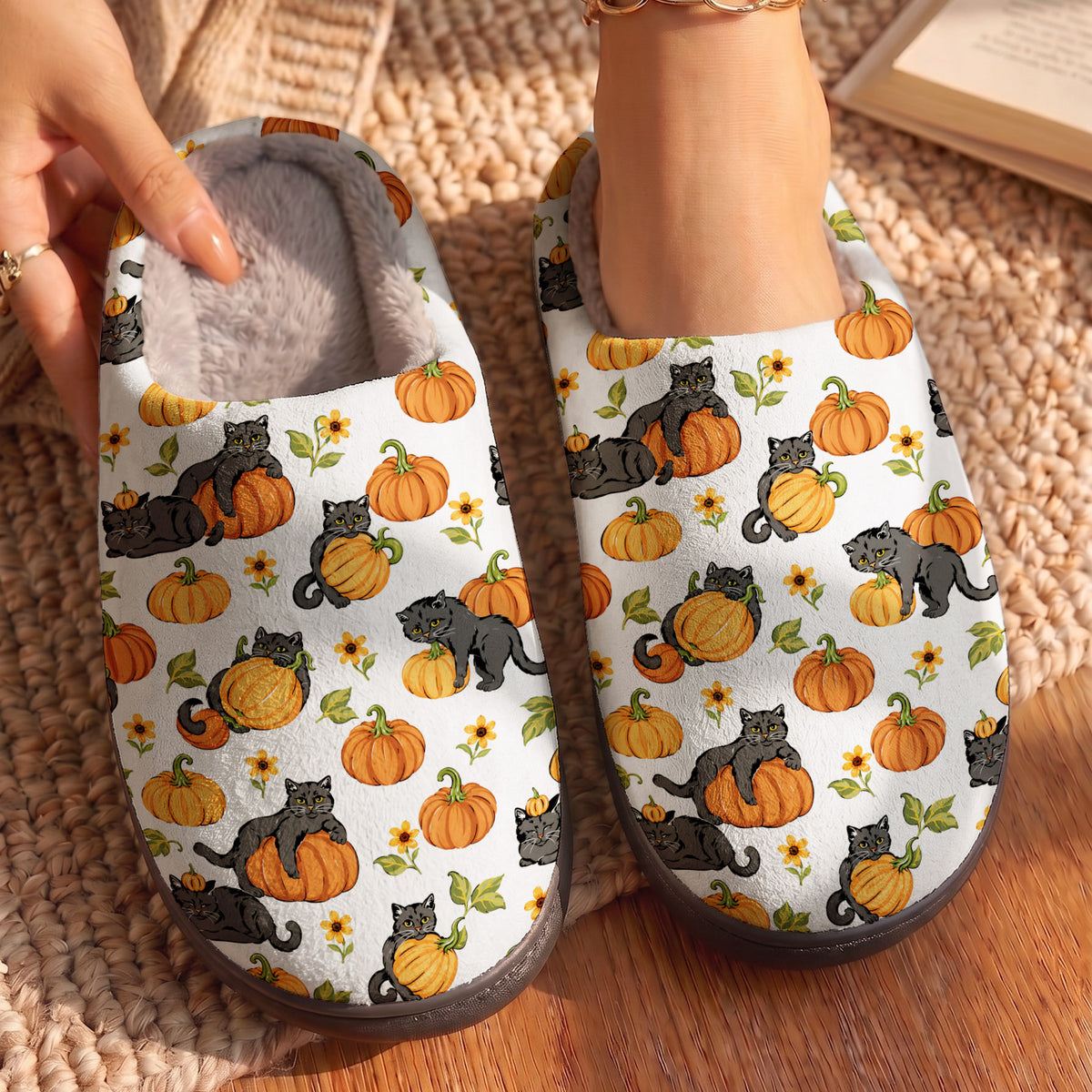 Cat Lover Fleece Lined Slippers Playful Pumpkin