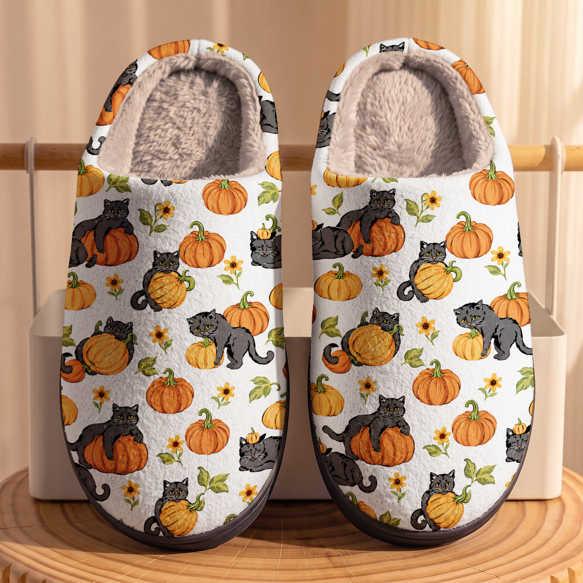 Cat Lover Fleece Lined Slippers Playful Pumpkin