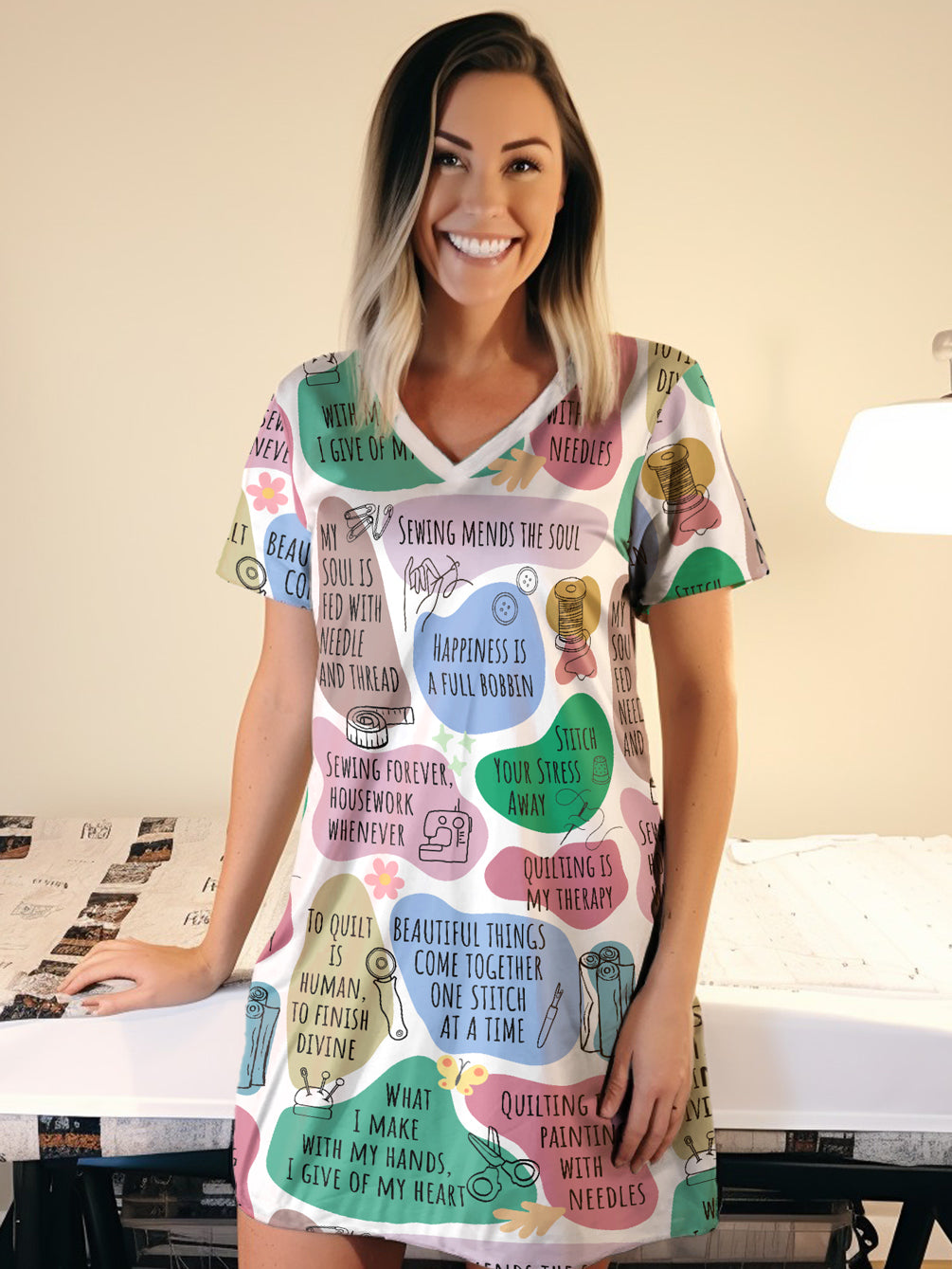 Sewing Lover V-neck Nightshirt Quilter Daily Affirmations