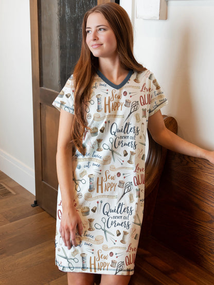Sewing Lover V-neck Nightshirt Quilters Never Cut Corners