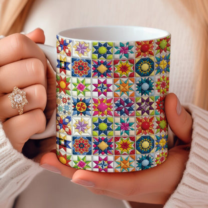 Sewing Lover Ceramic Mug Colorful Star Quilt Blocks