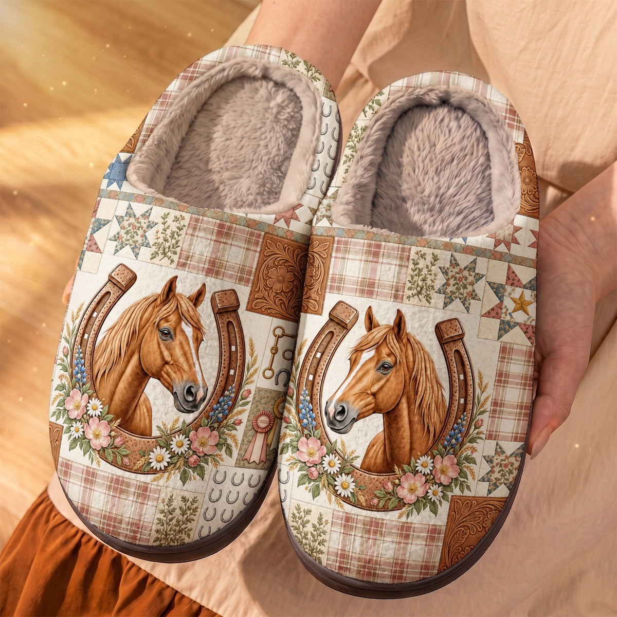 Horse Fleece Lined Slippers Country Patchwork Horse