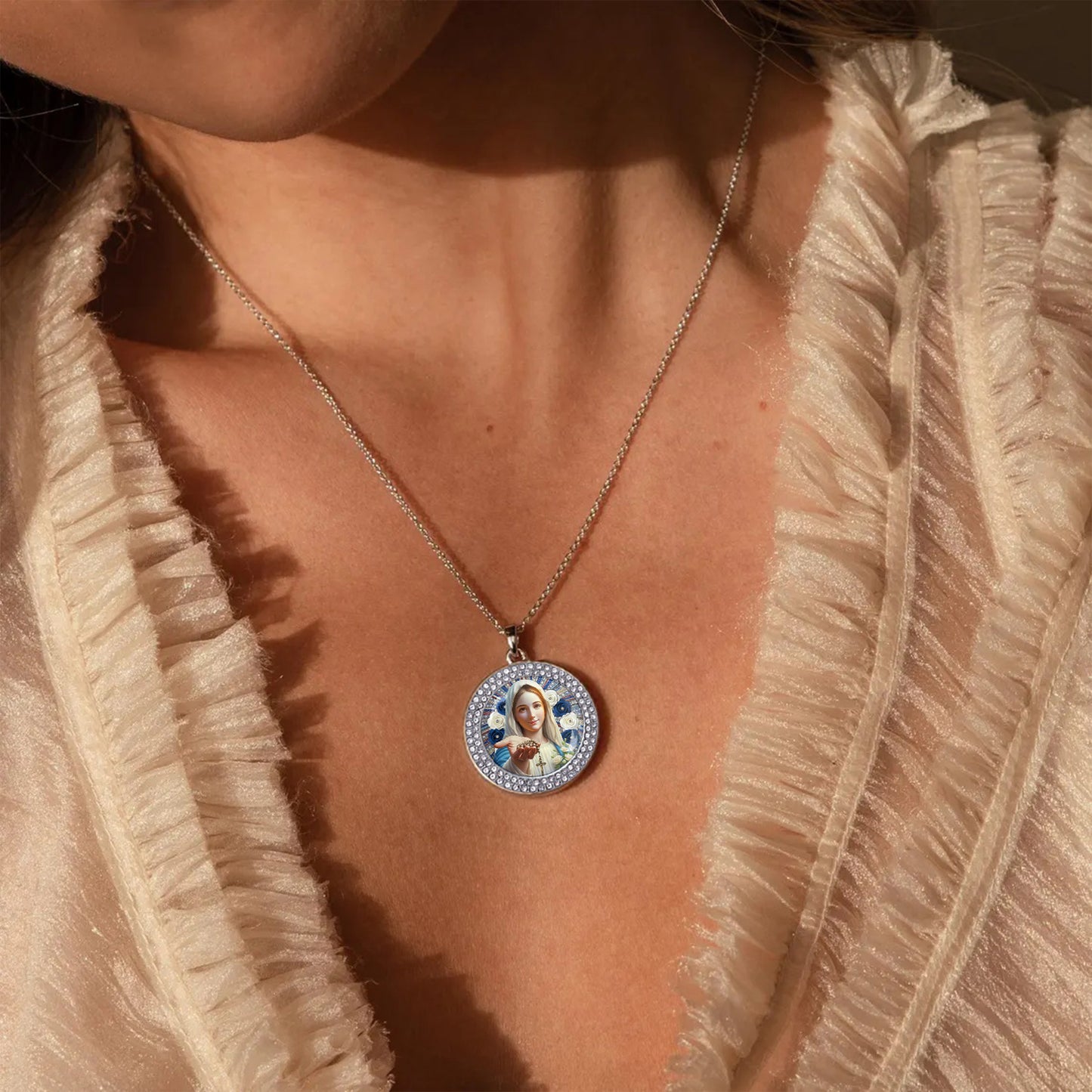 Virgin Mary Pendant Necklace Radiant Mother Of The Rosary