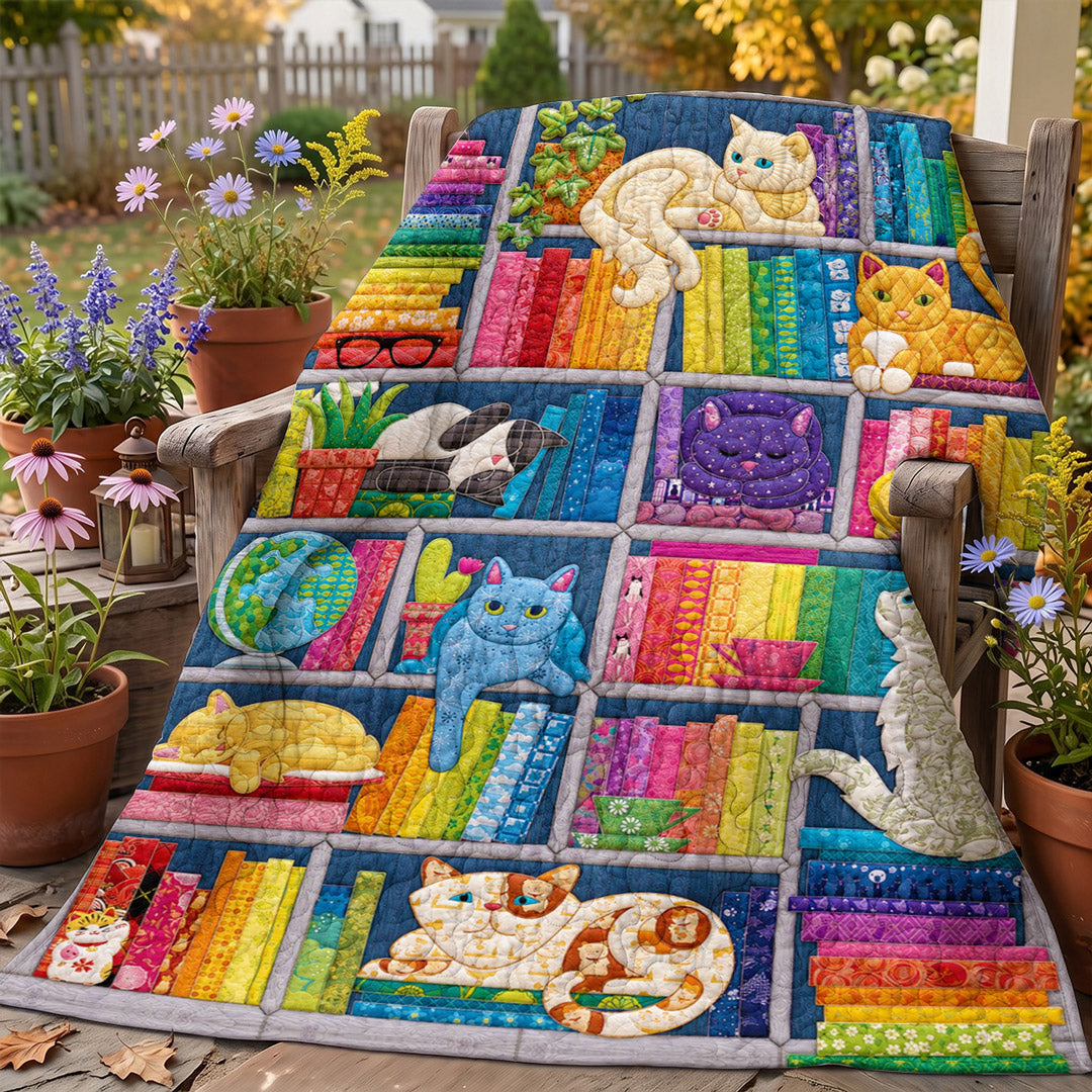 Cat Quilted Blanket Rainbow Cat Bookshelf