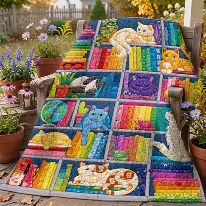 Cat Quilted Blanket Rainbow Cat Bookshelf