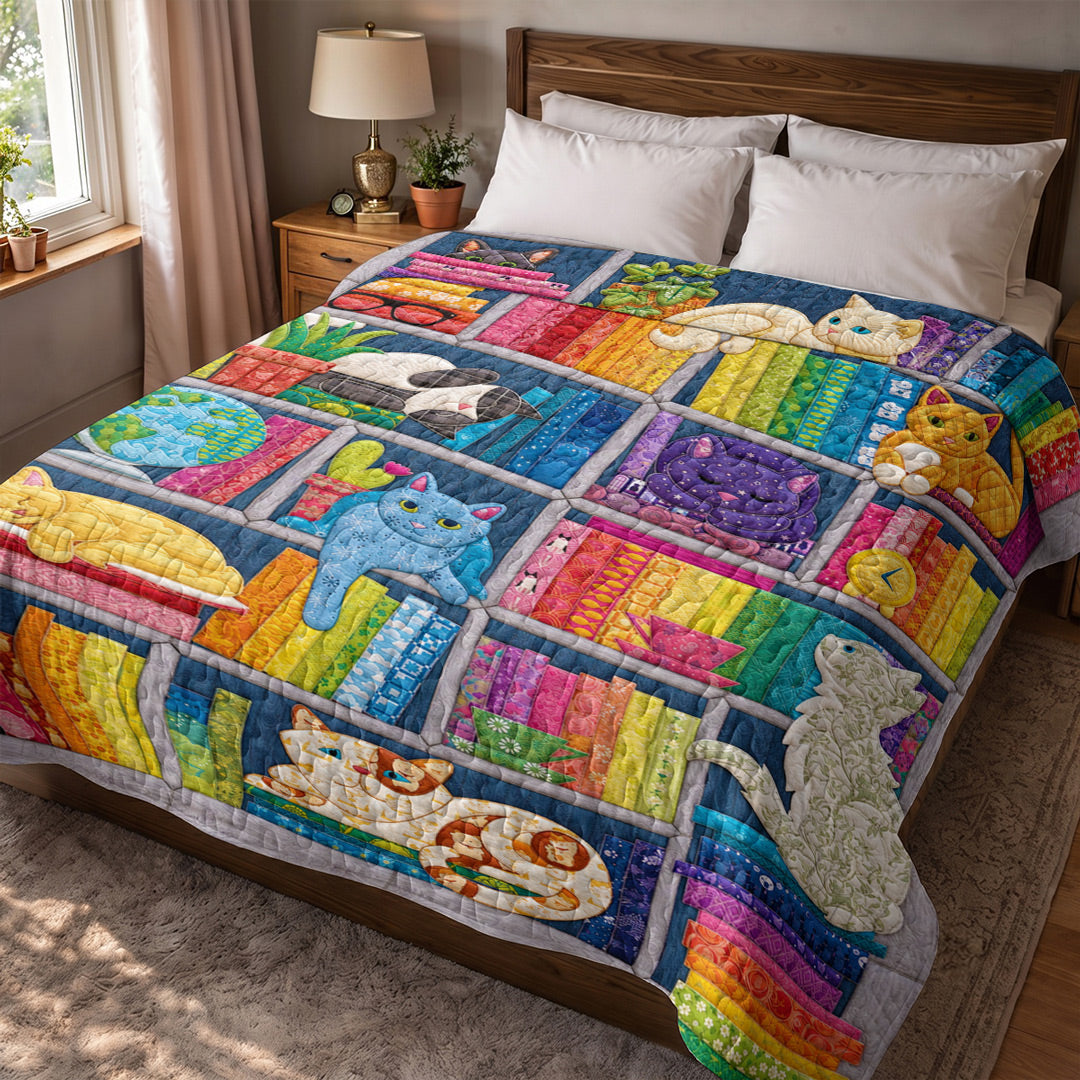 Cat Quilted Blanket Rainbow Cat Bookshelf