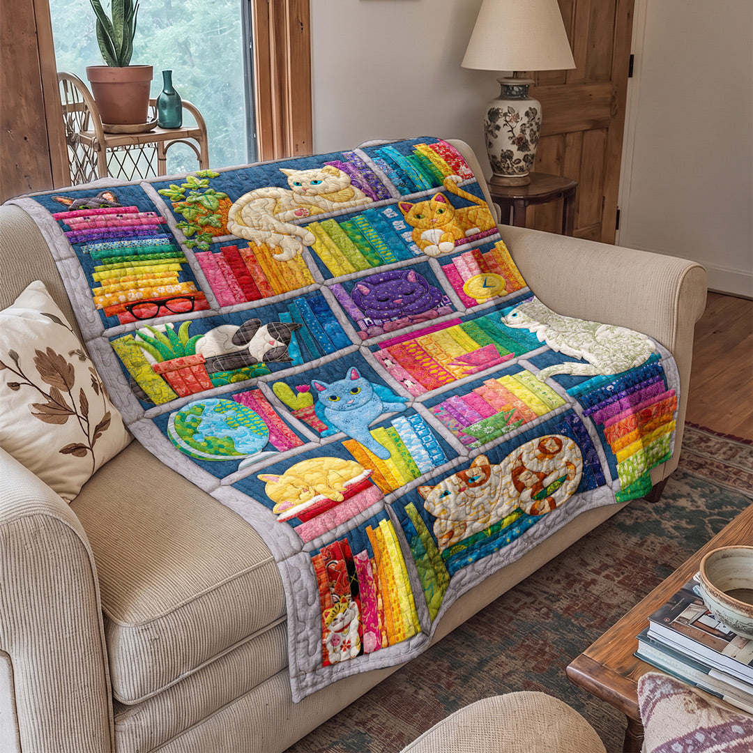 Cat Quilted Blanket Rainbow Cat Bookshelf