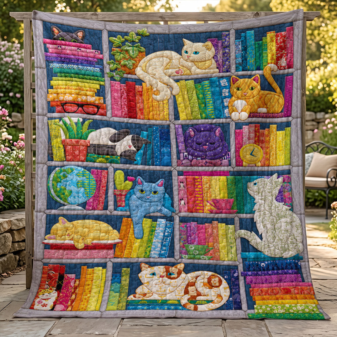 Cat Quilted Blanket Rainbow Cat Bookshelf