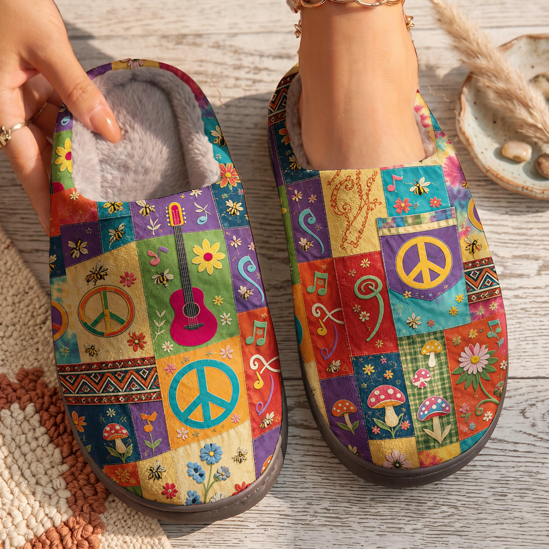Hippie Fleece Lined Slippers Retro Peace And Melody Patchwork