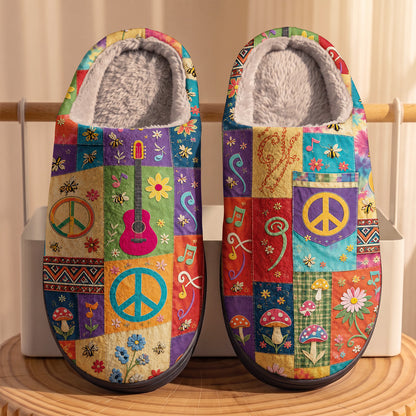 Hippie Fleece Lined Slippers Retro Peace And Melody Patchwork
