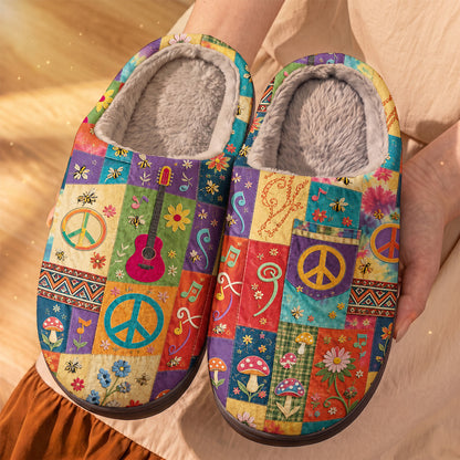 Hippie Fleece Lined Slippers Retro Peace And Melody Patchwork