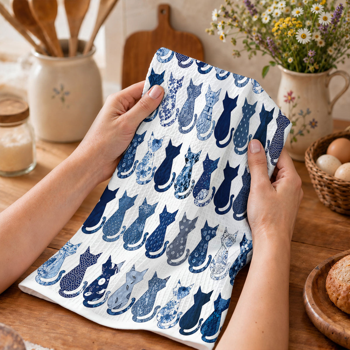 Cat Lovers Kitchen Towel Indigo Purr Feline Rhapsody