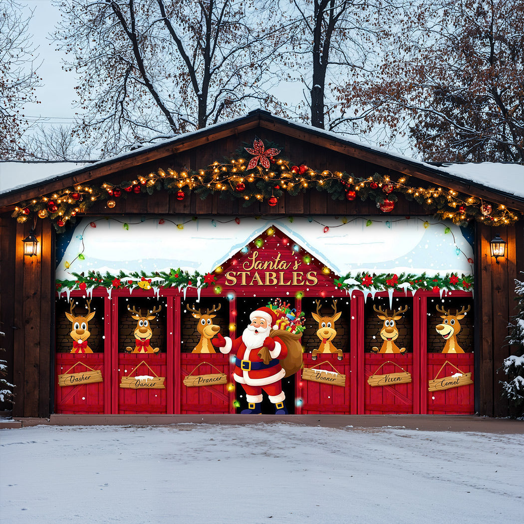 Christmas Garage Door Banner Decoration -  Santa's Stables