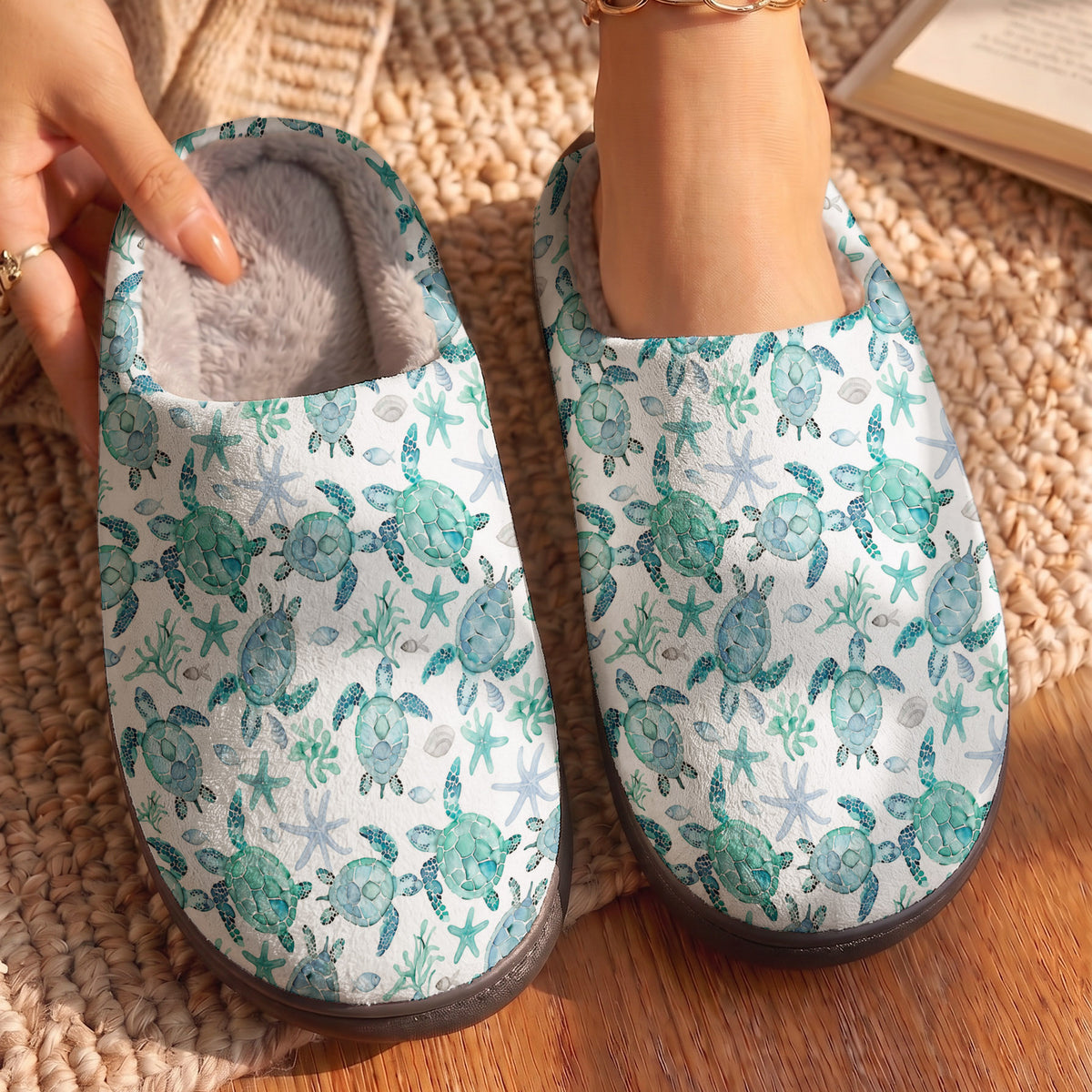 Fleece Lined Slippers Sea Turtle And Coral Reefs