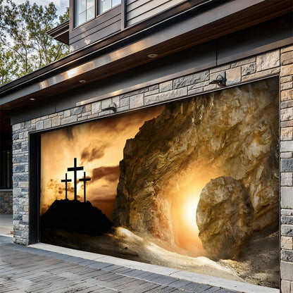 Christian Easter Garage Door Banner Decoration - Shadow of the Cross, Light of the Tomb